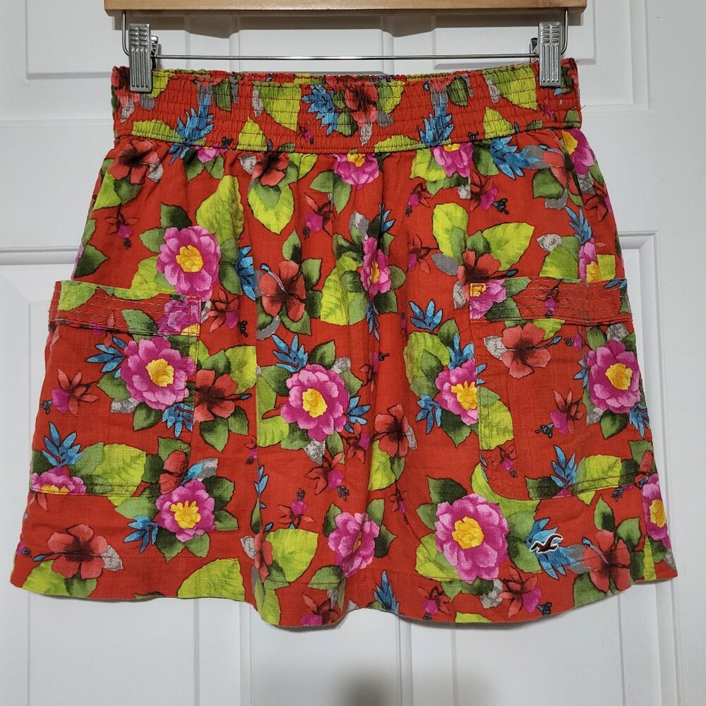 Hollister Red Floral Print Pocket Front Pull On Cotton Skirt